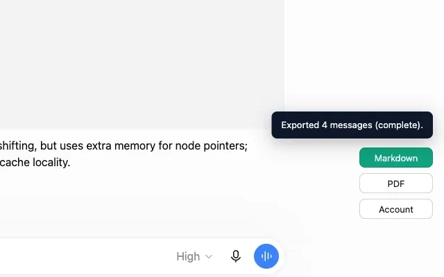 Close-up of the dark tooltip reading “Exported 4 messages (complete).” beside the Markdown, PDF and Account buttons after an export finished