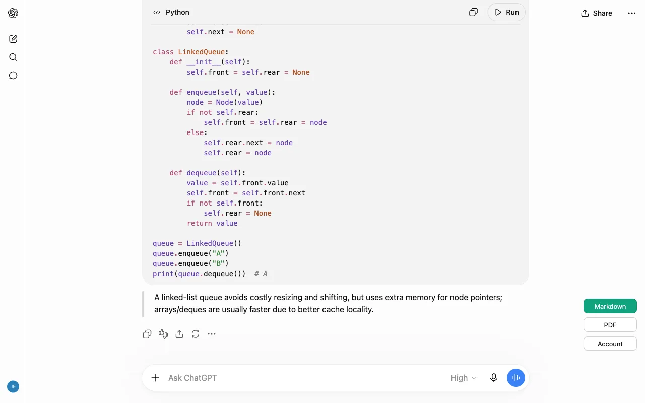 A ChatGPT conversation with Markdown, PDF and Account buttons stacked in the right-hand margin